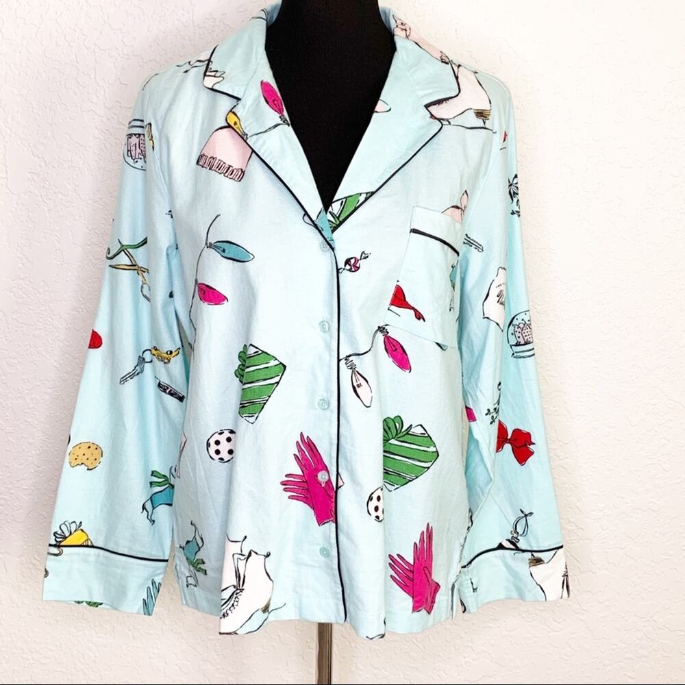 Kate‎ Spade light blue Things We Love button down flannel pajama shirt size XL